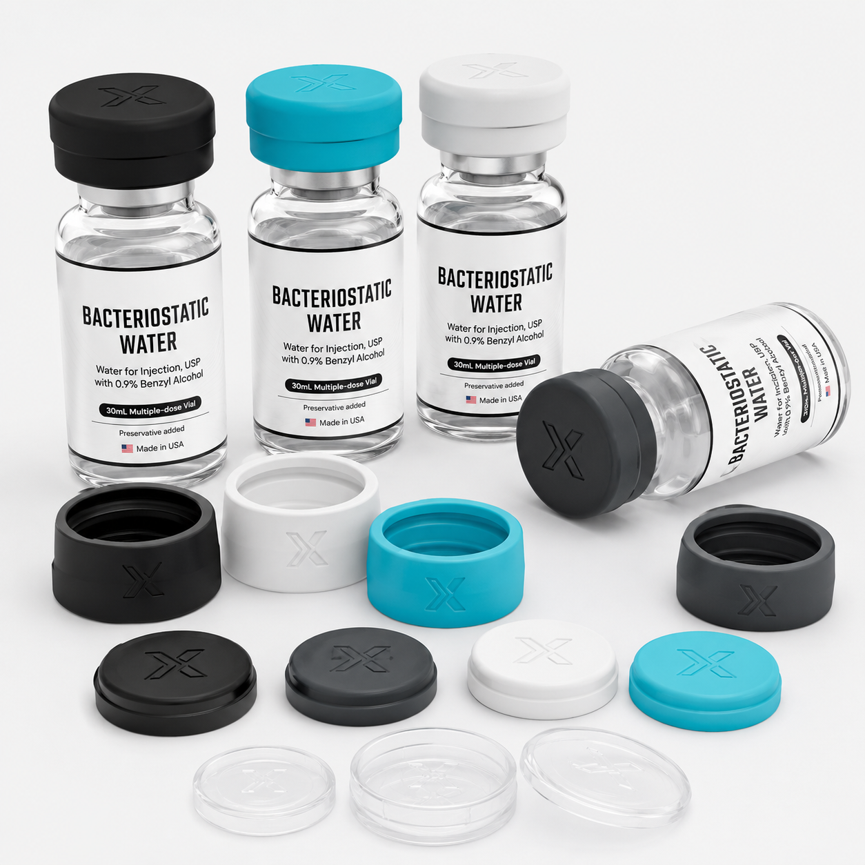 Viales de agua bacteriostática NexGn Lab con tapas de silicona intercambiables